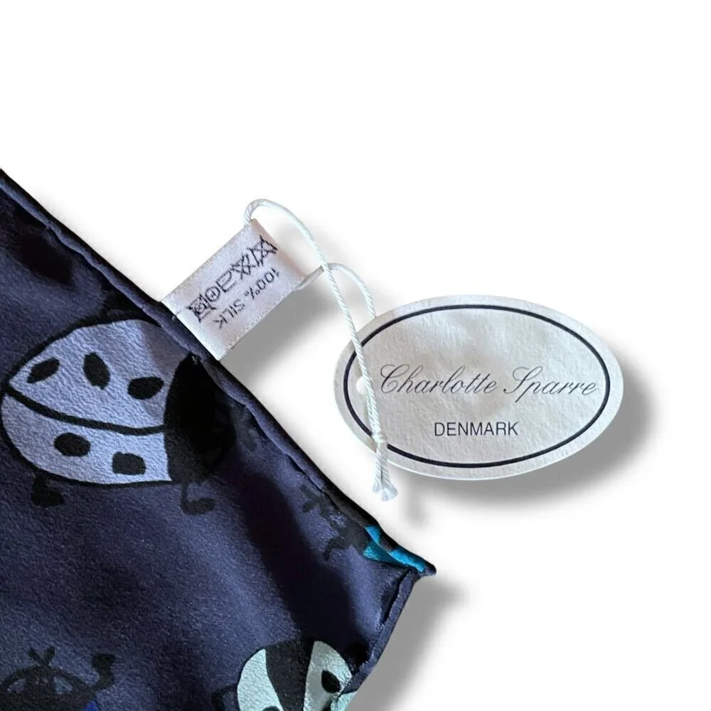 Vintage Charlotte Sparre Denmark Womens Scarf Navy Blue Silk Ladybug Print 63x13